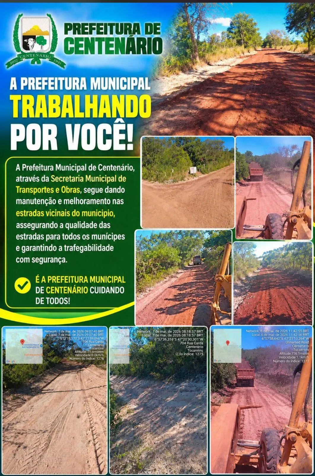 Prefeitura de Centenário realiza manutenção e melhorias em estradas vicinais do município